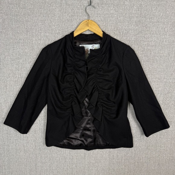 Tabitha Black Wool Blend Ruched Front 3/4 Sleeve Jacket Sz 6‎ Whimsigoth Fairy - Picture 1 of 12